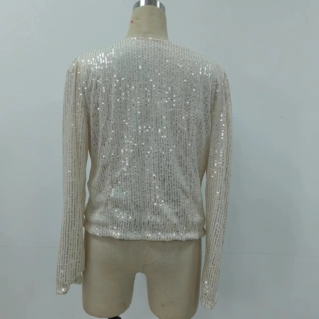 Long Sleeve Open Front Sequin Coat Women Casual Female Jacket Sequin Pearls Buttons Coat O-Neck Out Wear Ladies