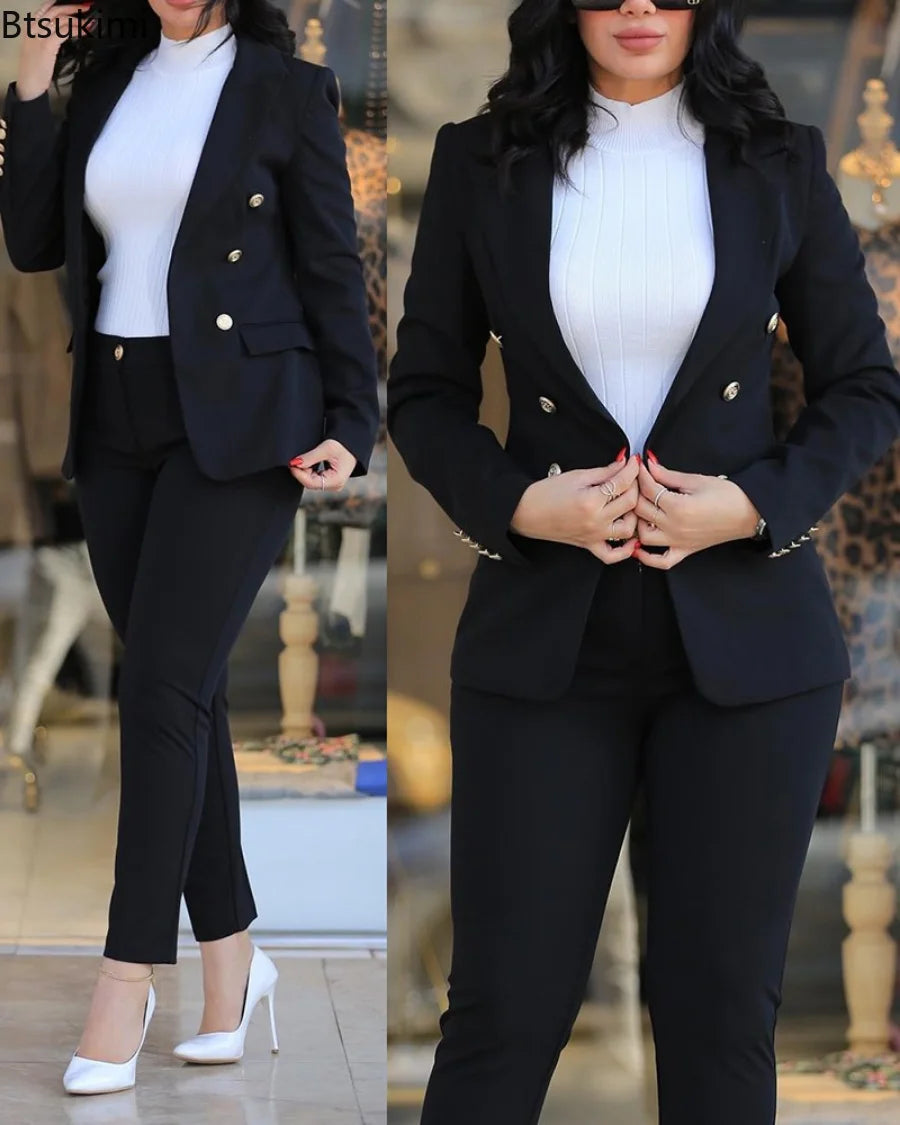 New 2023 Formal Office Pant Sets Women 2PCS Double Breasted Solid Blazers Jacket and Pants Two Pieces Set Female Pant Suits Sets