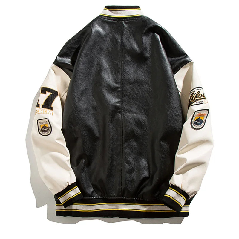 Mens Varsity PU Leather Baseball Jacket Men Women Vintage Embroidery Letter Patchwork College Coats Hip Hop Bomber Coat Unisex